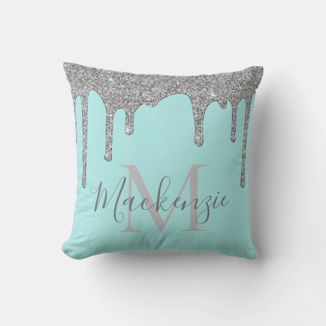 Chic Silver Teal Glitter Drips Monogram Throw Pillow (Front)