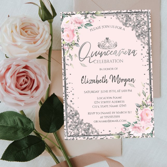 Chic Silver Tiara,Diamond Pink Flowers Quinceañera Invitation (Creator Uploaded)