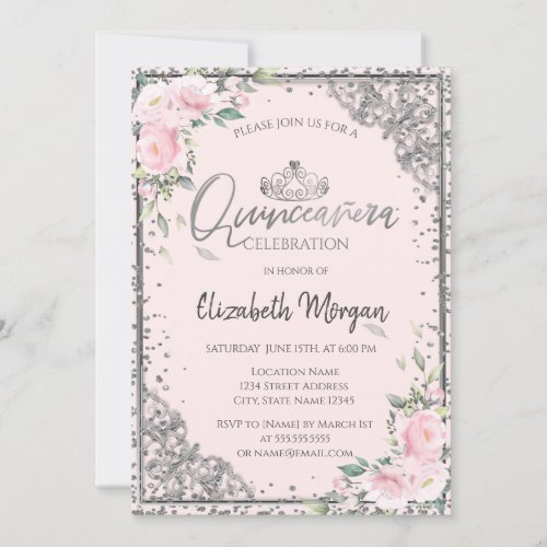 Chic Silver TiaraDiamond Pink Flowers Quinceaera Invitation