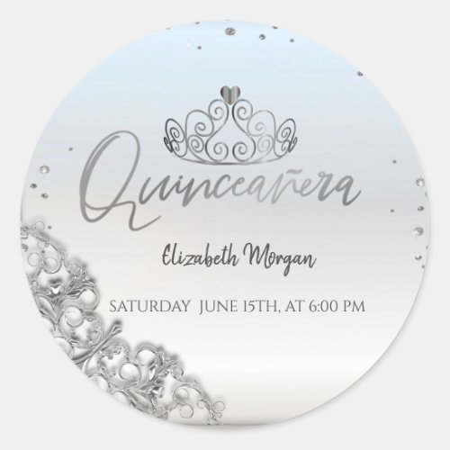 Chic Silver TiaraDiamonds Quinceaera  Classic Round Sticker