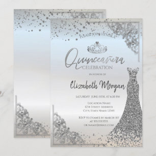 Chic Silver Tiara Dress Stars Quinceañera Invitation