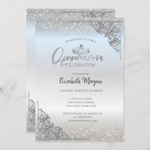 Chic Silver TiaraSilver Dust Frame Quinceaera  Invitation