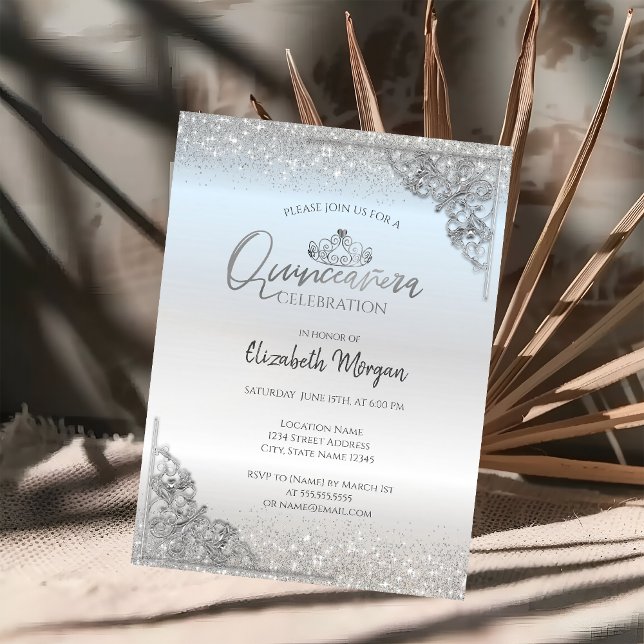Chic Silver Tiara,Silver Dust Frame Quinceañera  Invitation (Creator Uploaded)