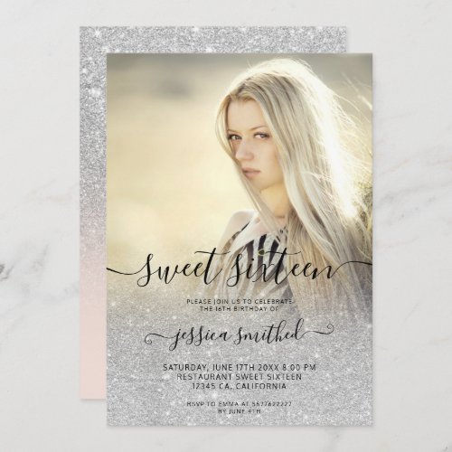 Chic silver typography pink ombre Sweet 16 photo Invitation