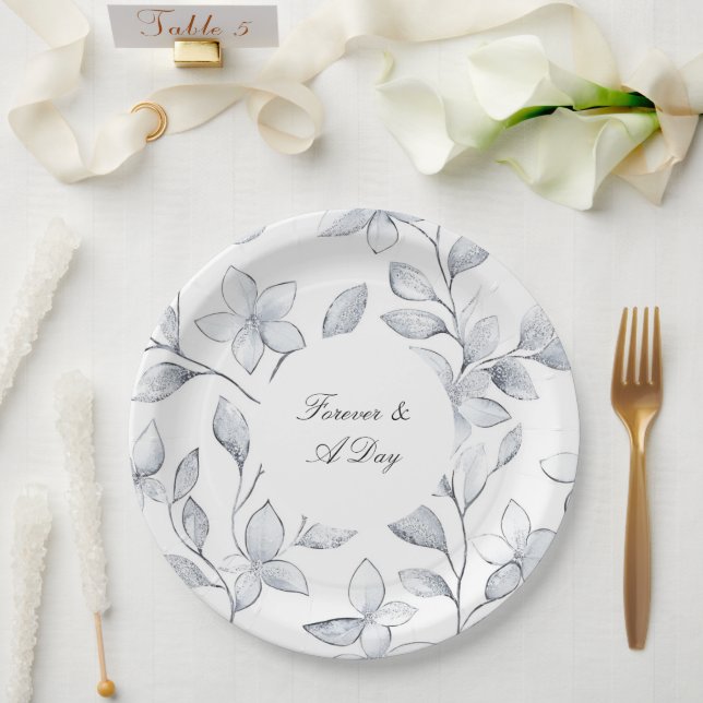 Chic Silver White Floral Wedding Paper Plates (Wedding)