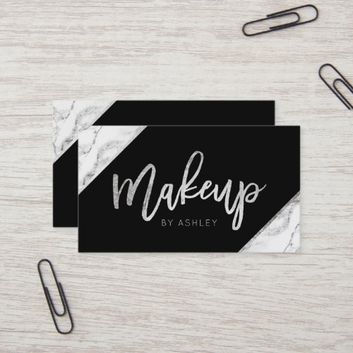 Chic silver white marble script makeup typography business card