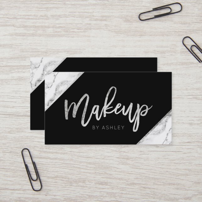 Chic silver white marble script makeup typography business card (Front/Back In Situ)