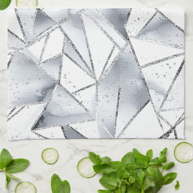 Chic Silver White Triangles Christmas Kitchen Towel (Folded)