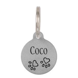 Chic Silvery Gray Name w/ Heart Paw Print Custom Pet ID Tag
