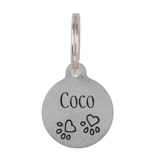 Chic Silvery Gray Name w Heart Paw Print Custom Pet ID Tag