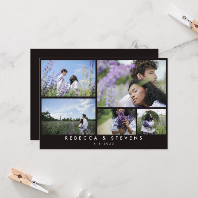  Chic Simple 5 Photo Collage Black White Wedding Invitation (Front/Back In Situ)