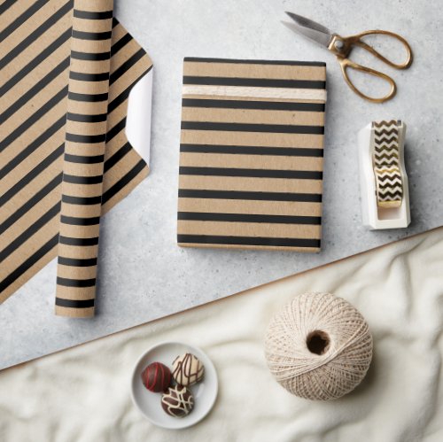 Chic Simple Black Stripes On Faux Brown Kraft Wrapping Paper