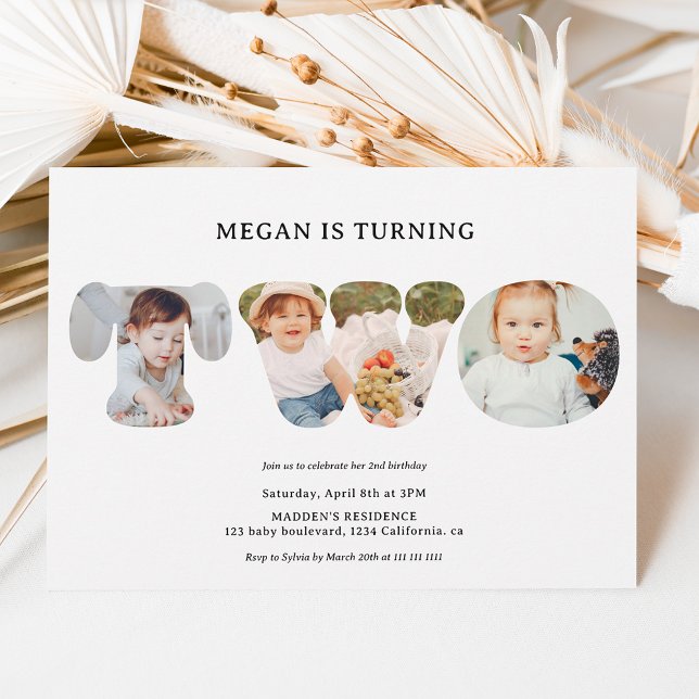 Chic Simple black white 3 photos 2nd birthday Invitation (Creator Uploaded)
