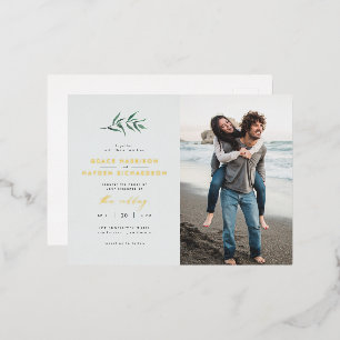 Chic Simple Blue & Green Branch Wedding Photo Foil Invitation Postcard