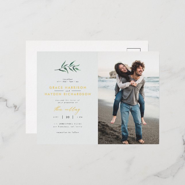 Chic Simple Blue & Green Branch Wedding Photo Foil Invitation Postcard (Front/Back)