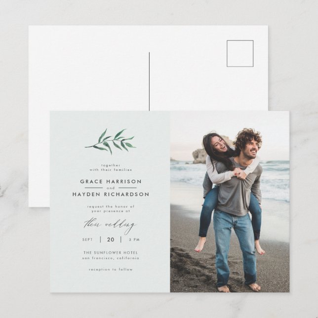 Chic Simple Blue & Green Branch Wedding Photo Invitation Postcard (Front/Back)