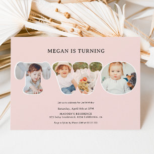 Chic Simple blush pink 3 photos 2nd birthday Invitation