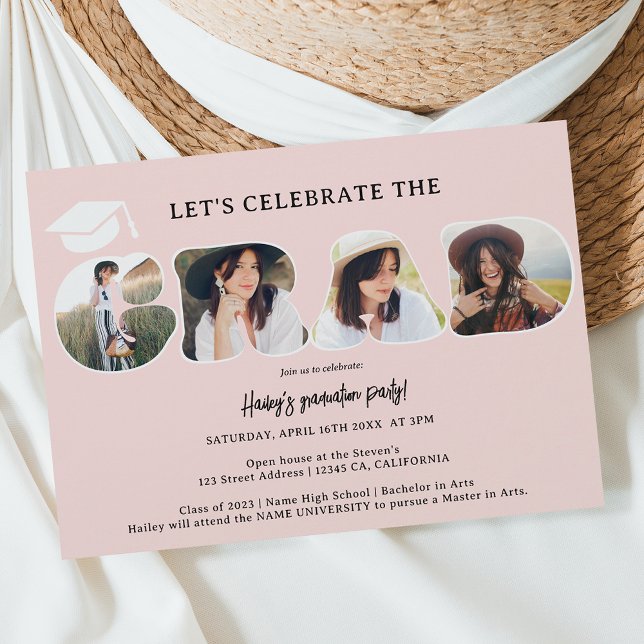 Chic Simple blush pink 3 photos script graduation Invitation (Creator Uploaded)