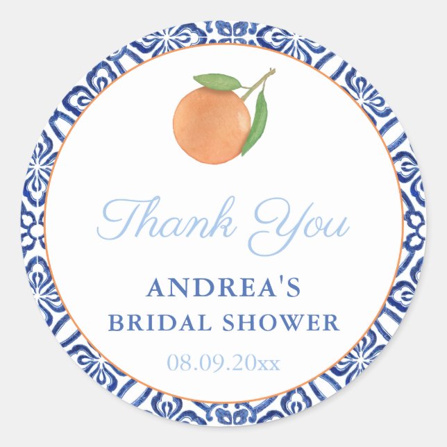 Chic Simple Citrus Blue Tiles Bridal Shower Favor Classic Round Sticker (Front)