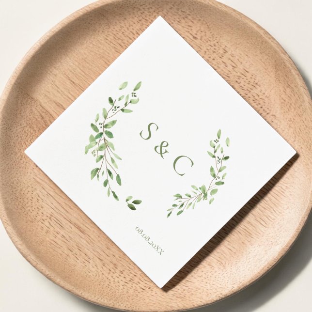 Chic Simple Custom Monogram Wreath Wedding  Napkins (Monogram greenery, wedding napkins)