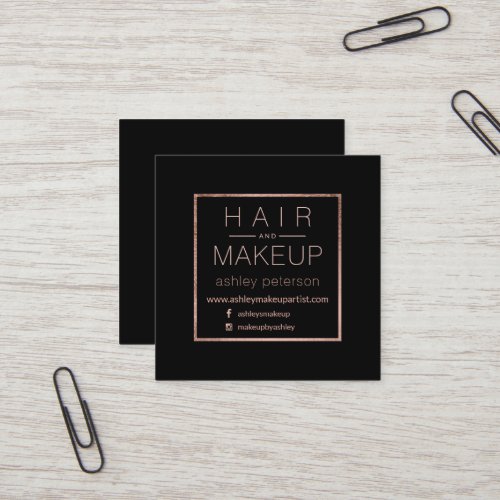 Chic simple hair makeup typography rose gold black square business card