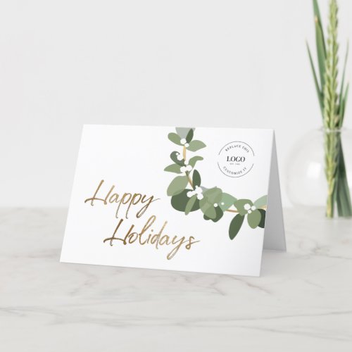 Chic Simple Happy Holidays Gold Green Wreath Holiday Card