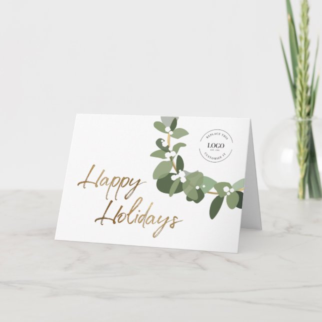 Chic Simple Happy Holidays Gold Green Wreath Holiday Card (Front)