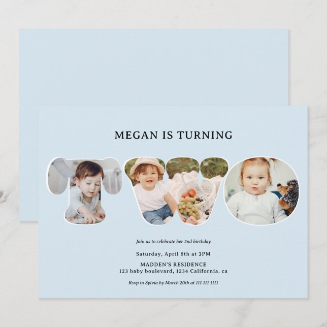 Chic Simple light blue 3 photos 2nd birthday Invitation (Front/Back)