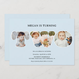 Chic Simple light blue 3 photos 2nd birthday Invitation