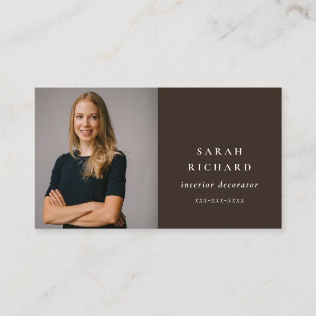 Chic Simple Minimal Dark Brown Professional Photo Business Card (Front)