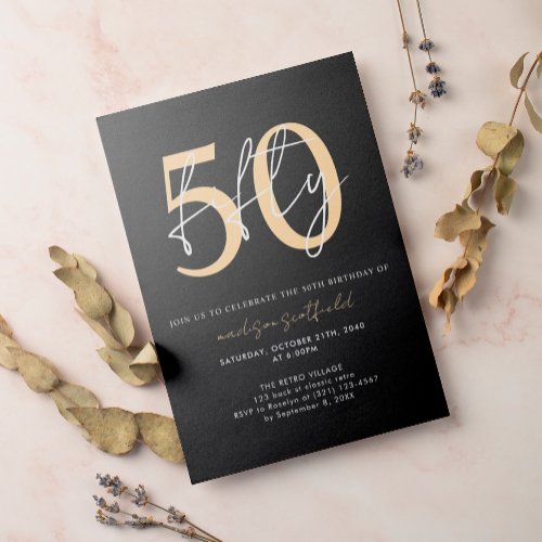 Chic Simple Minimalist Black Gold 50th Birthday Invitation