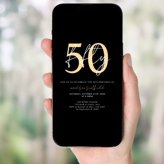 Chic Simple Minimalist Black Gold 50th Birthday Invitation (Front Digital)