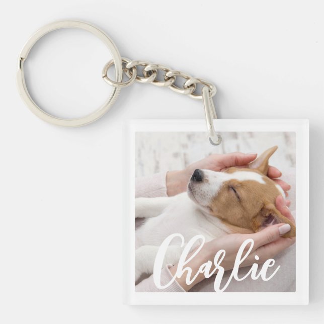 Chic Simple Modern Dog Name 2 Photo Keychain (Front)