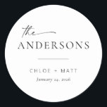 Chic   Simple Modern Script Wedding Favor Stickers<br><div class="desc">These simple, modern round stickers are the perfect touch for your wedding favors or gift bags! Featuring a handwritten script font paired with simple serif and sans serif fonts. Customize the stickers with your new last name, the couple's names, and the date or your own sub-text. If you love this...</div>