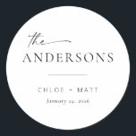 Chic   Simple Modern Script Wedding Favor Stickers<br><div class="desc">These simple, modern round stickers are the perfect touch for your wedding favors or gift bags! Featuring a handwritten script font paired with simple serif and sans serif fonts. Customize the stickers with your new last name, the couple's names, and the date or your own sub-text. If you love this...</div>