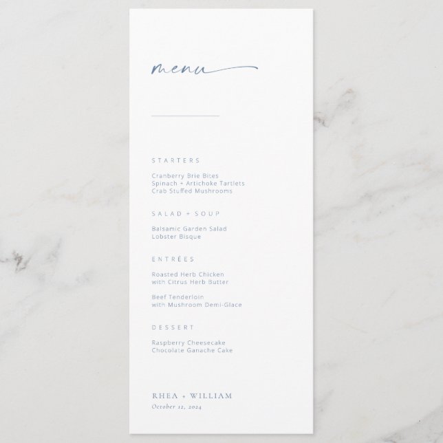 Chic + Simple Modern Script Wedding Menu | Blue (Front)