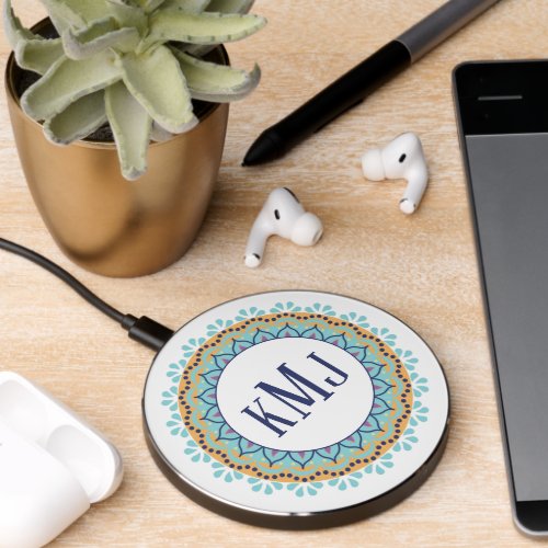 Chic Simple Monogram Stylish Modern Navy Blue Teal Wireless Charger
