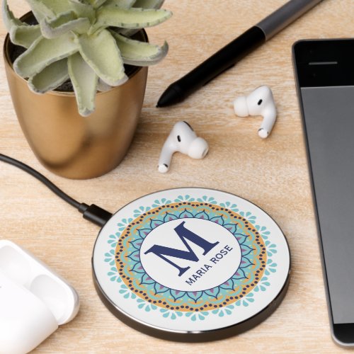 Chic Simple Monogram Stylish Modern Navy Blue Teal Wireless Charger