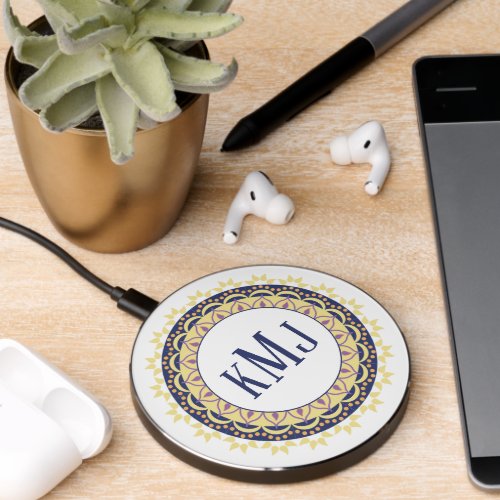 Chic Simple Monogram Stylish Modern Navy Blue  Wireless Charger