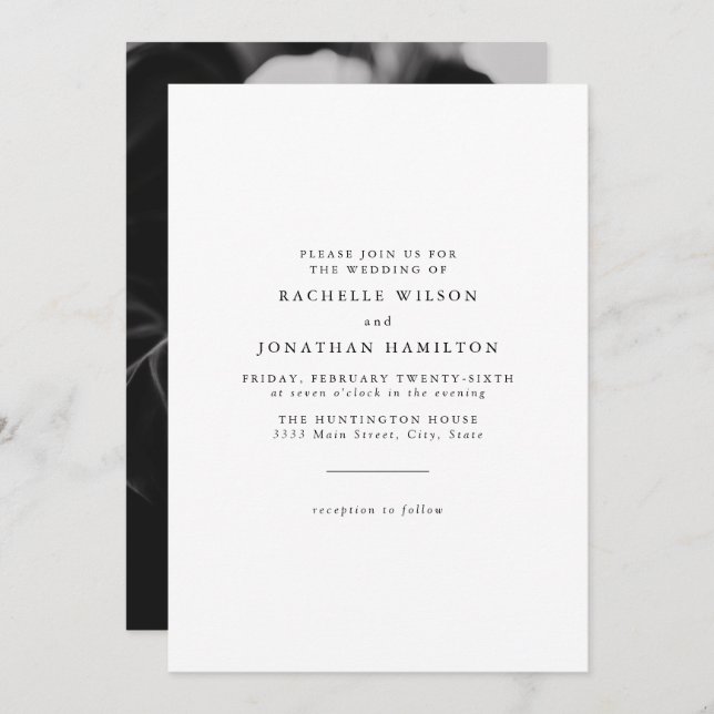Chic Simple Photo Black White Monogram Wedding Invitation (Front/Back)