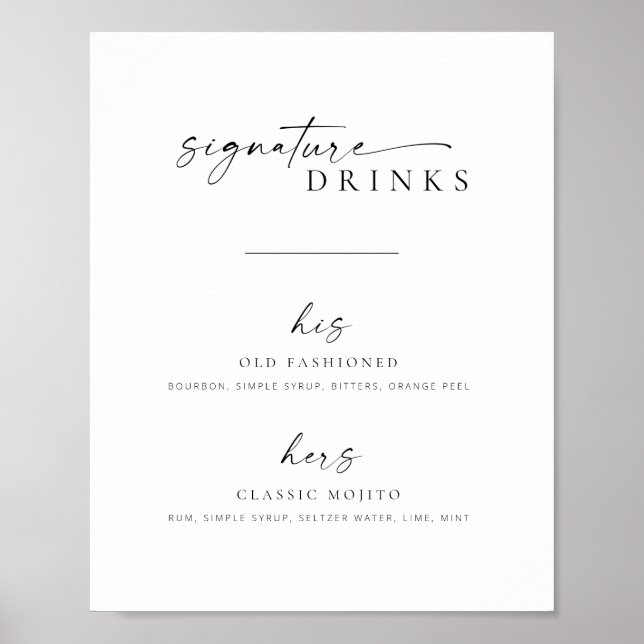 Chic + Simple Script Wedding Signature Drinks Sign (Front)