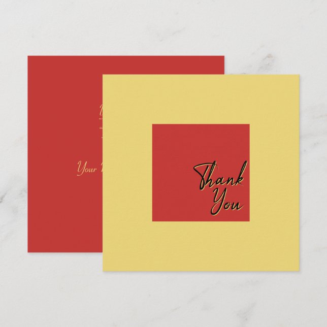 Chic Simple Square Gold Red and Black Text Thank You Card (Front/Back)