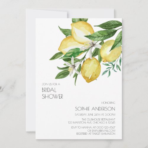 Chic Simple Watercolor Lemon Citrus Bridal Shower Invitation