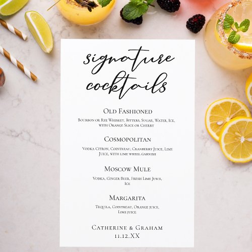 Chic Simple Wedding Signature Cocktails Bar Menu