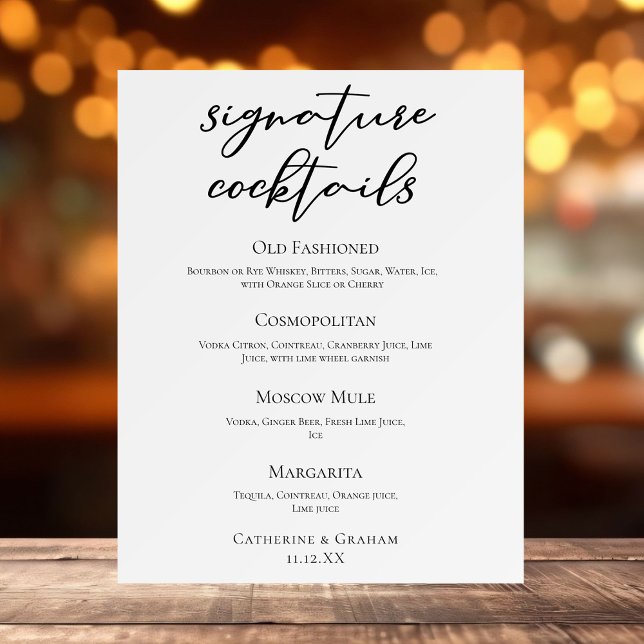 Chic Simple Wedding Signature Cocktails Bar Menu Foam Board (Creator Uploaded)