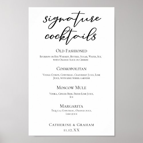 Chic Simple Wedding Signature Cocktails Bar Menu Poster