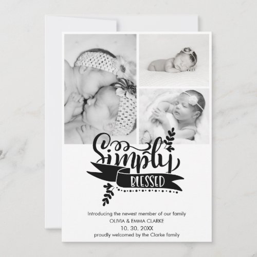 Chic Simply Blessed 3 Photo Birth Announcement