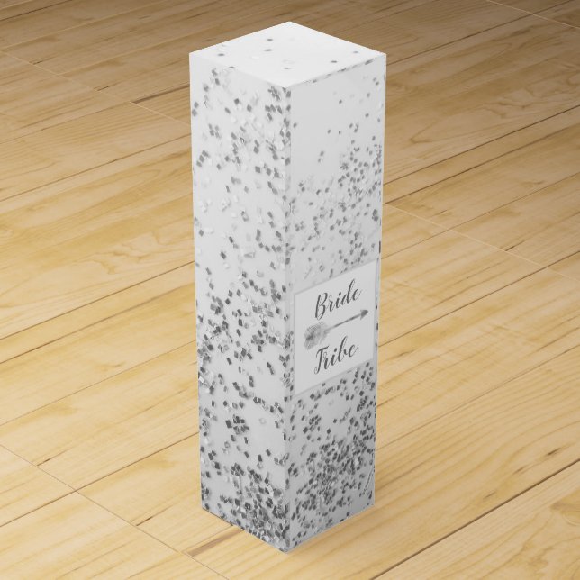 Chic Siver Confetti Bride Tribe Personalized  Wine Box (Front)