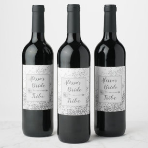 Chic Siver Confetti Personalized Bride Tribe Wine Label