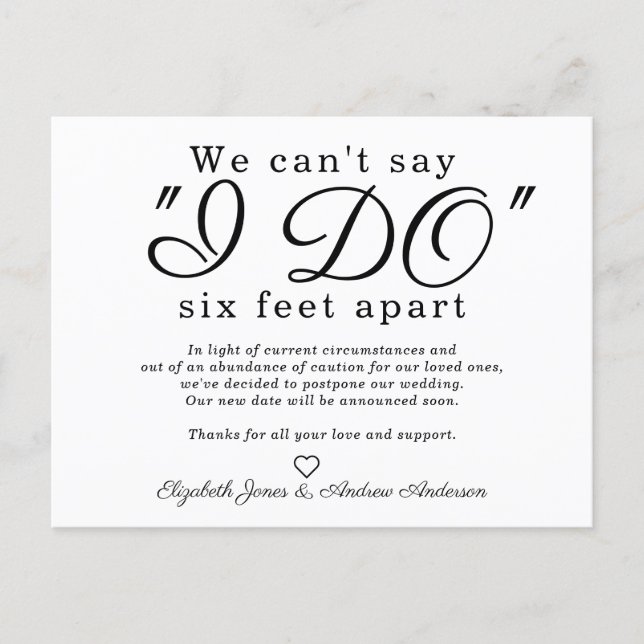 Chic Six Feet Apart Postponed Change Date Wedding Announcement Postcard (Front)